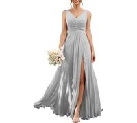 YIANN Vestido de dama de honor de gasa para mujer con abertura para boda, fiesta, plisado, cuello en V, vestido largo formal de noche, plata, 22 Más