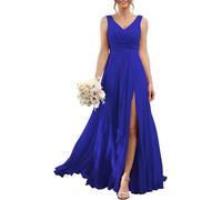 YIANN Vestido de dama de honor de gasa para mujer con abertura para boda, fiesta, plisado, cuello en V, vestido largo formal de noche, azul real, 22 Más