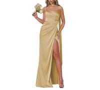 YIANN Vestido de dama de honor de satén para mujer con abertura y tirantes delgados, vestido de noche formal de sirena, vestido largo de baile, dorado, 42