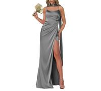YIANN Vestido de dama de honor de satén para mujer con abertura y tirantes delgados, vestido de noche formal de sirena, vestido largo de baile, gris, 40