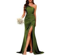YIANN Vestido de dama de honor de satén para mujer, vestido de dama de honor para boda, vestido de graduación con un hombro descubierto con, verde oliva, 38