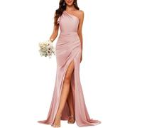 YIANN Vestido de dama de honor de satén para mujer, vestido de dama de honor para boda, vestido de graduación con un hombro descubierto con, Rosa Polvoriento, 34