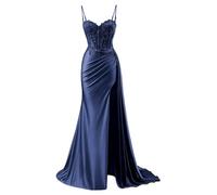 YIANN Vestido de fiesta de satén con cuello en V para mujer, vestido de noche formal de sirena con abertura, azul marino, 36