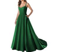 YIANN Vestido de fiesta de satén con tirantes delgados y bolsillos, cuello en V, sin mangas, vestido de noche largo formal, verde oscuro, 52 Grande