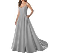 YIANN Vestido de fiesta de satén con tirantes delgados y bolsillos, cuello en V, sin mangas, vestido de noche largo formal, gris, 58 Grande