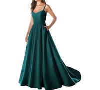 YIANN Vestido de fiesta de satén con tirantes delgados y bolsillos, cuello en V, sin mangas, vestido de noche largo formal, Teal, 36
