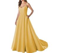 YIANN Vestido de fiesta de satén con tirantes delgados y bolsillos, cuello en V, sin mangas, vestido de noche largo formal, dorado, 38