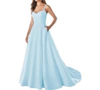 YIANN Vestido de fiesta de satén con tirantes delgados y bolsillos, cuello en V, sin mangas, vestido de noche largo formal, azul claro, 60 Grande