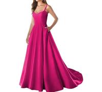 YIANN Vestido de fiesta de satén con tirantes delgados y bolsillos, cuello en V, sin mangas, vestido de noche largo formal, fucsia, 44