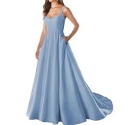 YIANN Vestido de fiesta de satén con tirantes delgados y bolsillos, cuello en V, sin mangas, vestido de noche largo formal, Dusty Azul, 54 Grande