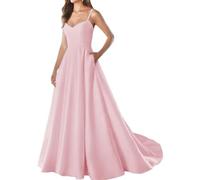 YIANN Vestido de fiesta de satén con tirantes delgados y bolsillos, cuello en V, sin mangas, vestido de noche largo formal, rosa, 48 Grande