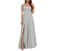YIANN Vestido de fiesta de satén para mujer, con abertura, sin mangas, acampanado, vestido formal de noche, plata, 54 Grande