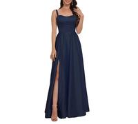YIANN Vestido de fiesta de satén para mujer, con abertura, sin mangas, acampanado, vestido formal de noche, azul marino, 36
