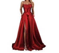YIANN Vestido de noche largo formal de satén con tirantes delgados para mujer, con corsé, abertura, rosso, 42