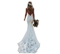 YIANN Vestido de novia con tirantes delgados y cuello en V para novia, vestido de novia de encaje bohemio con cola, blanco, 44