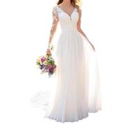 YIANN Vestido de novia de manga larga con apliques de encaje para novia, cuello en V, elegante vestido de novia de gasa acampanado, blanco, 46