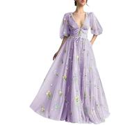 YIANN Vestido largo de manga abombada para adolescentes, cuello en V, cintura alta, acampanado, bordado floral, vestido de tul para mujer, morado, 52 Grande