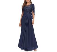 YIANN Vestido largo para madre de la novia para mujer, con apliques de encaje, capa de gasa, vestido formal de noche, azul marino, 46