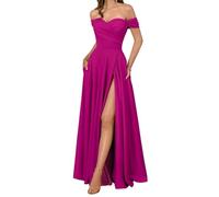 YIANN Vestidos de dama de honor de satén con hombros descubiertos para mujer con abertura plisada, vestido largo de noche formal, fucsia, 48 Grande