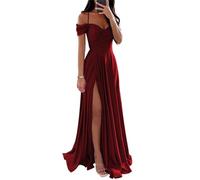 YIANN Vestidos de dama de honor de satén con hombros descubiertos para mujer, con abertura, plisado, acampanado, vestido formal de graduación, granate, 40