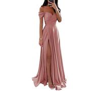YIANN Vestidos de dama de honor de satén con hombros descubiertos para mujer, con abertura, plisado, acampanado, vestido formal de graduación, Rosa Polvoriento, 34