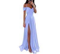 YIANN Vestidos de dama de honor de satén con hombros descubiertos para mujer, con abertura, plisado, acampanado, vestido formal de graduación, Lila, 34