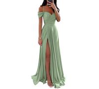 YIANN Vestidos de dama de honor de satén con hombros descubiertos para mujer, con abertura, plisado, acampanado, vestido formal de graduación, Verde Salvia, 34