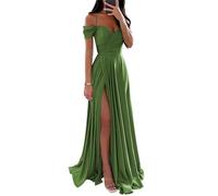 YIANN Vestidos de dama de honor de satén con hombros descubiertos para mujer, con abertura, plisado, acampanado, vestido formal de graduación, verde oliva, 40
