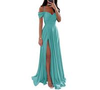 YIANN Vestidos de dama de honor de satén con hombros descubiertos para mujer, con abertura, plisado, acampanado, vestido formal de graduación, turquesa, 42