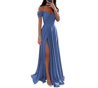 YIANN Vestidos de dama de honor de satén con hombros descubiertos para mujer, con abertura, plisado, acampanado, vestido formal de graduación, Dusty Azul, 40