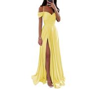 YIANN Vestidos de dama de honor de satén con hombros descubiertos para mujer, con abertura, plisado, acampanado, vestido formal de graduación, amarillo, 40