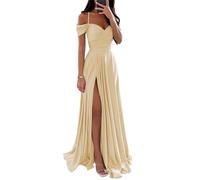 YIANN Vestidos de dama de honor de satén con hombros descubiertos para mujer, con abertura, plisado, acampanado, vestido formal de graduación, champán, 44