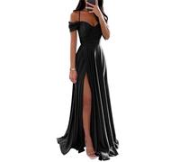 YIANN Vestidos de dama de honor de satén con hombros descubiertos para mujer, con abertura, plisado, acampanado, vestido formal de graduación, Negro, 42