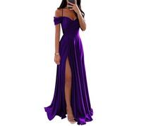 YIANN Vestidos de dama de honor de satén con hombros descubiertos para mujer, con abertura, plisado, acampanado, vestido formal de graduación, Morado (, 46