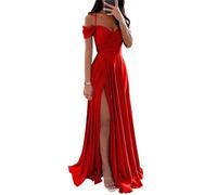 YIANN Vestidos de dama de honor de satén con hombros descubiertos para mujer, con abertura, plisado, acampanado, vestido formal de graduación, rosso, 56