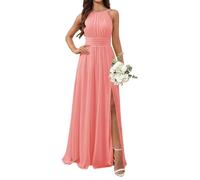YIANN Vestidos de dama de honor para mujer, con abertura, plisado, largo, de gasa, formal, para boda, fiesta, coral, 46