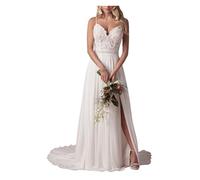 YIANN Vestidos de novia bohemios de gasa con abertura para mujer, tirantes delgados, apliques de encaje, vestido de novia de playa, blanco, 44