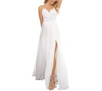 YIANN Vestidos de novia bohemios de gasa para novia con apliques de encaje y abertura, vestido largo de novia, blanco, 36