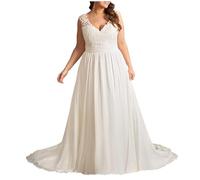 YIANN Vestidos de novia de gasa de talla grande para novia con apliques de encaje, vestido de novia con cuello en V, blanco, 46