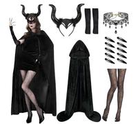 Yi'antai 17 Piezas Disfraz de Diablo para Mujer Set, Disfraz de Halloween para Mujer, Maléfica disfraz Diablo, mujer diablo Capa Cuernos Collar Gótico, Capa Negra Capucha con Uñas Strümpfe (XL-160cm)