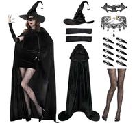 Yi'antai 17 Piezas Halloween Traje Bruja,Adulto Disfraz de Bruja,Disfraz bruja Mujer Halloween,Sombrero de Diablo de halloween,Capa Negra con Capucha,Maniche Venda para Los Ojos (XL-160cm)