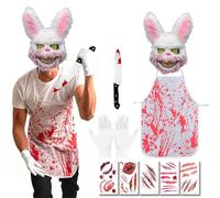 Yi'antai Disfraz de Carnicero de Halloween, Asesino en Serie Disfraces, Conejo Asesino Disfraces, Máscara de Conejo Sangriento, Delantal Sangriento, Cuchillo Sangriento, Pegatinas Cicatriciales