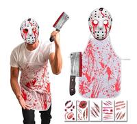 Yi'antai Disfraz de Carnicero de Halloween, Asesino en Serie Disfraces, Terror Asesino Disfraces, Máscara de Terror Sangriento, Delantal Sangriento, Cuchillo Sangriento, Pegatinas (Set A)