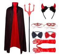 Yi'antai Disfraz Diablo Mujer de Halloween, Disfraz de Halloween para Mujer, Disfraces de Halloween con Tenedor de Diablo, Capa de Diablo con Cuernos de Diablo, Guantes de Encaje, Lazo demoníaco (B)