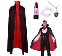 Yi'antai Halloween Capa de Vampiro con Cuello, Vampiro Capa Manto Negro Rojo, Halloween capa de vampiro Disfraz con Colmillos Sangre Falsa Collar, Reversible Ropa de vampir Niño Adulto (L-150cm)