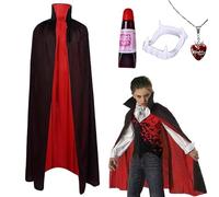 Yi'antai Halloween Capa de Vampiro con Cuello, Vampiro Capa Manto Negro Rojo, Halloween capa de vampiro Disfraz con Colmillos Sangre Falsa Collar, Reversible Ropa de vampir Niño Adulto (Xs-90cm)