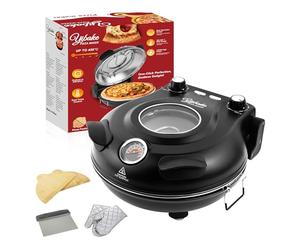 YIBAKE Horno Pizza Electrico en 4 Minutos, Placa de Piedra Refractaria Desmontable, Temperatura Hasta 420℃, Ventana de Visualización, Pala de Pizza, Raspador, Recetario incluido Negro Rojo