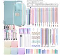 YIBONIKA 80 artículos de papelería estéticos con estuche azul y cuaderno, 12 resaltadores pastel, 6 bolígrafos de colores, 5 bolígrafos negros, 6 lápices mecánicos, juego de papelería para la escuela