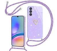 Yichxu Funda con Cuerda para Samsung Galaxy A05s 5G, Patrón de Corazón Silicona Carcasa con Cordón, Glitter Case con Ajustable Correa Colgante, Protección contra Caídas Caso, Púrpura