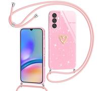 Yichxu Funda con Cuerda para Samsung Galaxy A05s 5G, Patrón de Corazón TPU Silicona Carcasa con Cordón, Glitter Case con Ajustable Correa Colgante, Protección contra Caídas Caso, Rosa